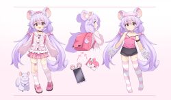 1girl absurdres animal_ear_fluff animal_ears animal_hands backpack bag bandaid bandaid_on_thigh black_shorts bow brown_eyes camisole cellphone chinchilla_(animal) chinchilla_ears chinchilla_girl chinchilla_tail full_body gloves hair_bow hairband highres lolita_hairband long_hair miniskirt mogura2009 multiple_views open_mouth original paw_gloves phone pink_camisole pink_shirt pink_shoes pink_skirt pink_thighhighs purple_hair randoseru ribbon shirt shoes short_shorts shorts skirt smartphone smile standing strap_slip striped_clothes striped_thighhighs tail thighhighs twintails white_gloves