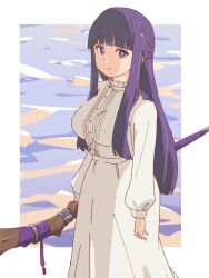 Rule 34 | 1girl, bluearcadegames, breasts, closed mouth, dress, fern (sousou no frieren), highres, holding, holding staff, long hair, long sleeves, looking at viewer, mage staff, medium breasts, purple hair, solo, sousou no frieren, staff, white dress