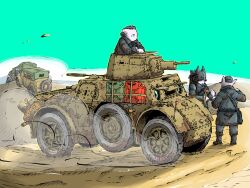 Rule 34 | 4boys, 5boys, armored car, autoblindo 41, blue sky, desert, gun, highres, jerry can, machine gun, military vehicle, multiple boys, original, sky, tank turret, tow hook, vehicle request, weapon, wheel, yabarn
