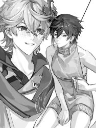 2boys alternate_costume bare_legs blush crossdressing genshin_impact greyscale hand_between_thighs highres monochrome multiple_boys tartaglia_(genshin_impact) tartali.club white_background yaoi yzszy zhongli_(genshin_impact)