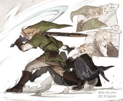 Rule 34 | 2boys, absurdres, blonde hair, blue eyes, blush, covering own mouth, earrings, english text, gloves, green tunic, hand over own mouth, highres, holding, isa-415810, jewelry, korean text, link, long sleeves, looking at another, looking back, male focus, master sword, medium hair, multiple boys, oc x canon, original, pointy ears, sword, tunic, weapon, white hair, yaoi