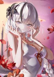 1girl absurdres bare_shoulders black_flower blake_bloom_(wuthering_waves) blue_eyes braid breasts camellya_(wuthering_waves) chigusa7h cleavage closed_mouth commentary flower flower_on_chest hair_flower hair_ornament highres lady_flora_(wuthering_waves) light_blush long_hair medium_breasts red_flower red_pupils smile solo upper_body very_long_hair white_hair wuthering_waves