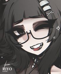 Rule 34 | 1girl, absurdres, biting own tongue, black-framed eyewear, black choker, black eyes, black hair, black lips, blunt bangs, character name, choker, close-up, commentary, english commentary, eyelashes, glasses, hair ornament, hairclip, highres, lipstick, looking at viewer, makeup, medium hair, mikuneki, one eye closed, original, parallel hairclips, riyo kaede (mikuneki), semi-rimless eyewear, signature, smile, solo, teeth, tongue, tongue out, under-rim eyewear, x hair ornament