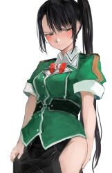 Rule 34 | 1girl, 73suke, absurdres, black hair, blush, bow, bowtie, brown eyes, commentary request, cosplay, cowboy shot, green jacket, highres, jacket, kantai collection, long hair, military uniform, nachi (kancolle), nose blush, pelvic curtain, red bow, red bowtie, side ponytail, simple background, solo, tone (kancolle), tone (kancolle) (cosplay), tone kai ni (kancolle), tone kai ni (kancolle) (cosplay), white background