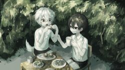 2boys animal_ears berry black_hair black_shorts chair child collared_shirt crossed_bangs cup dog_boy dog_ears dog_tail eating fuvin hair_between_eyes hand_on_another&#039;s_arm highres holding holding_cup leaf legs_together looking_at_another male_focus mug multiple_boys open_mouth original outdoors plate shirt short_sleeves shorts signature sweatdrop table tail white_hair white_shirt