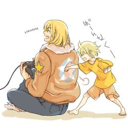2boys blonde_hair bomber_jacket child controller crossed_legs denim family game_controller happy holding holding_controller holding_game_controller jacket jeans male_focus multiple_boys pants puff_of_air punching qorgo13 rock_howard shirt simple_background smile snk standing t-shirt terry_bogard white_background