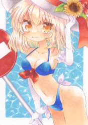 Rule 34 | 1girl, bikini, blonde hair, blue bikini, blush, border, breasts, cleavage, closed mouth, collarbone, commentary request, elbow gloves, gloves, happy, hat, hat ribbon, kana anaberal, medium hair, navel, no entry sign, red ribbon, ribbon, road sign, sign, smile, solo, sun hat, sunflower hat ornament, swimsuit, touhou, touhou (pc-98), traditional media, water, white border, white gloves, white hat, wminiminiw, yellow eyes