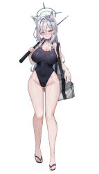 Rule 34 | 1girl, animal ear fluff, animal ears, bag, black choker, black one-piece swimsuit, blue archive, blue eyes, breasts, choker, cleavage, competition swimsuit, covered navel, cross, cross hair ornament, duffel bag, extra ears, fishing rod, flip-flops, full body, gluteal fold, grey hair, hair ornament, highleg, highleg one-piece swimsuit, holding, holding fishing rod, impossible clothes, impossible swimsuit, inverted cross, kuroshiro kanae, large breasts, long hair, looking at viewer, mismatched pupils, one-piece swimsuit, sandals, shiroko (blue archive), shiroko terror (blue archive), smile, solo, swimsuit, wolf ears, wolf girl
