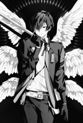 1boy arm_at_side belt belt_pouch black_background black_bow black_bowtie black_eyes black_gloves black_hair black_jacket black_pants blazer blueblebee03 bow bowtie double-parted_bangs dress_shirt facing_viewer feathered_wings gloves hair_over_one_eye half-closed_eyes hand_up highres holding holding_sword holding_weapon holster jacket looking_at_hand looking_at_object male_focus monochrome open_clothes open_jacket pants persona persona_3 persona_3_reload pouch shirt spread_wings sword walking weapon white_belt white_shirt white_wings wings yuuki_makoto_(persona_3)