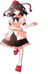 1girl alphes_(style) black_bow black_bowtie black_hair black_skirt bow bowtie breasts closed_mouth commentary_request dairi frilled_skirt frills full_body geta half-closed_eyes hat kneehighs large_variant_set looking_at_viewer medium_breasts parody puffy_short_sleeves puffy_sleeves red_eyes red_shoes shameimaru_aya shirt shoes short_hair short_sleeves skirt socks solo style_parody tachi-e tengu-geta tokin_hat touhou transparent_background variant_set white_shirt white_socks