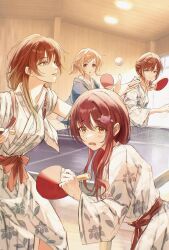 Rule 34 | 4girls, absurdres, aketa mikoto, ball, blonde hair, blush, brown eyes, brown hair, character request, closed mouth, floral print, hair ornament, hairclip, highres, higuchi madoka, holding table tennis paddle, idolmaster, idolmaster shiny colors, indoors, japanese clothes, kimono, looking at viewer, mole, mole under eye, multiple girls, open mouth, orange eyes, osaki tenka, paddle, parted lips, ponytail, purple eyes, red hair, sakuragi mano, short hair, short ponytail, siblings, sidelocks, sisters, sushizanmai (sorahaaoi7), table tennis, table tennis ball, table tennis net, table tennis paddle, teeth, twins, upper teeth only