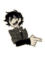 Rule 34 | 1boy, andrew graves, basilcopperhand, black hair, black shirt, bright pupils, collared shirt, green eyes, greyscale, highres, layered sleeves, long sleeves, monochrome, open clothes, open mouth, open shirt, plaid clothes, plaid shirt, pointing, shirt, short hair, short over long sleeves, short sleeves, simple background, solo, spot color, teeth, the coffin of andy and leyley, upper body, upper teeth only, white background, white pupils