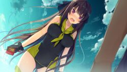 1boy 1girl ao_no_kanata_no_four_rhythm armpit_crease bare_arms bare_shoulders black_bow black_gloves black_hair black_shirt blush bow breasts cloud cloudy_sky commentary dutch_angle english_commentary floating_hair food furrowed_brow gloves gluteal_fold green_neckerchief hair_bow highres holding holding_food holding_pocky large_breasts long_hair looking_at_another looking_at_viewer neckerchief official_art open_mouth pocky purple_eyes second-party_source shirt sky sleeveless sleeveless_shirt standing suzumori teeth thighs tobisawa_misaki upper_teeth_only very_long_hair