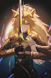 1girl absurdres animal_ears arknights blonde_hair blue_cape brown_cape cape chinese_commentary closed_mouth commentary cross enoharatoki film_grain fur-trimmed_cape fur_trim gem glint gold head_chain highres holding holding_sword holding_weapon jewelry latin_cross long_sleeves looking_at_viewer making-of_available one_eye_covered siege_(arknights) solo sword two-handed two-sided_cape two-sided_fabric vina_victoria_(arknights) weapon yellow_eyes