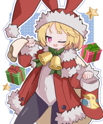 1girl :3 ;d bell black_pantyhose blonde_hair blue_background blush border bow bowtie box bright_pupils christmas_stocking coat commentary covered_navel cowboy_shot disgaea fur-trimmed_coat fur-trimmed_sleeves fur_trim gift gift_box green_bow green_bowtie hat highres holding leotard long_sleeves looking_at_viewer neck_bell one_eye_closed open_clothes open_coat open_mouth outline outside_border pantyhose pink_eyes polka_dot polka_dot_background red_coat red_hat sack santa_costume santa_hat short_hair smile solo suaman thick_eyebrows usalia_(disgaea) white_border white_leotard white_outline