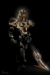 artist_name backlighting bionicle black_background clenched_hand commentary english_commentary highres holding holding_polearm holding_weapon humanoid_robot kanohi_(bionicle) mask neoruke orange_eyes polearm robot simple_background spear takanuva_(bionicle) the_lego_group weapon