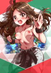 1girl :o ahoge belt black_belt blush bracelet breasts brown_eyes brown_hair bruno_(pokemon) bruno_(pokemon)_(cosplay) clenched_hand collarbone commentary_request cosplay eyelashes highres jewelry leaf_(pokemon) long_hair navel nintendo nipples open_mouth pants pokemon pokemon_frlg rorretsim solo sparkle teeth tongue topless_female upper_teeth_only
