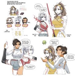 3girls absurdres arm_warmers athletic_leotard ball bare_shoulders black_hair black_leggings breasts brown_hair chibi chibi_inset cowboy_shot dark-skinned_female dark_skin dikke_(reverse:1999) dikke_(the_pointy_end_up)_(reverse:1999) dolphin_shorts dress elbow_pads facial_mark forehead_mark grey_shorts gyeol_124 hairband hand_on_own_hip headgear highres holding_javelin javelin_(spear) kaalaa_baunaa korean_text large_breasts leggings leotard long_hair midriff multiple_girls multiple_views navel official_alternate_costume ponytail red_tank_top reverse:1999 shorts single_arm_warmer single_detached_legging single_elbow_pad speech_bubble sportswear tank_top tennis_ball tennis_dress tennis_uniform tooth_fairy_(ace_through_the_bagel)_(reverse:1999) tooth_fairy_(reverse:1999) translation_request upper_body white_arm_warmers white_background white_hair white_leotard yellow_dress yellow_hairband