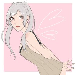 1girl ao_saryaruhu armpits arms_behind_back ass bare_arms bare_shoulders bent_over bottomless breasts brown_eyes cleavage clenched_hand eyelashes female_focus fire_emblem fire_emblem_awakening from_side happy heart highres holding_own_arm lips long_hair looking_at_viewer looking_to_the_side medium_breasts naked_shirt neck no_coat open_mouth out-of-frame_censoring pink_background robin_(female)_(fire_emblem) robin_(fire_emblem) sexually_suggestive shirt side_slit sideboob sidelocks sleeveless sleeveless_shirt smile standing swept_bangs turning_head twintails white_hair