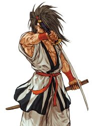 1boy black_hair capcom_vs_snk_2 dougi game_cg haoumaru highres holding holding_sheath holding_weapon japanese_clothes katana long_hair looking_at_viewer male_focus muscular muscular_male nishimura_kinu non-web_source official_art one_eye_covered ponytail samurai samurai_spirits sheath snk solo sword unsheathed veins veiny_arms weapon wrist_wrap