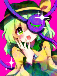 1girl blush collared_shirt green_eyes green_hair hand_on_own_face hat koishi_day komeiji_koishi long_sleeves looking_at_viewer medium_hair nanakusagayu_(7_kusagayu) open_mouth pink_background puffy_sleeves shirt smile solo star-shaped_pupils star_(symbol) symbol-shaped_pupils third_eye touhou upper_body yellow_shirt