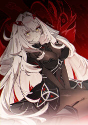 Rule 34 | 1girl, black dress, bodystocking, breasts, closed eyes, closed mouth, cowlick, dress, eye hair ornament, eye symbol, eyes on wings, eyeshadow, genshin impact, hair between eyes, hair intakes, hair ornament, highres, long hair, looking at viewer, luk7rmmm, makeup, ronova (genshin impact), side ahoge, solo, symbol-shaped pupils, very long hair, white hair, wings, yellow eyes