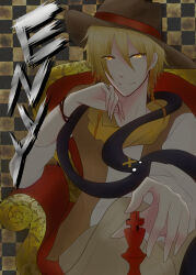 1boy alicein_mikuni blonde_hair bracelet braid chess_piece cowboy_hat english_text hat highres holding holding_chess_piece jewelry male_focus orange_eyes scarf servamp short_hair side_braid sitting_on_throne user_jutf3838 yellow_scarf