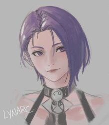 1girl artist_name bare_shoulders choker collarbone fire_emblem fire_emblem:_three_houses grey_background highres lynarc nintendo portrait purple_eyes shamir_nevrand simple_background smile solo