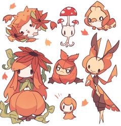alternate_color autumn_leaves brown_eyes charamells closed_mouth commentary creatures_(company) english_commentary fangs game_freak gen_4_pokemon gen_5_pokemon gen_7_pokemon head_tilt highres leaf leavanny legendary_pokemon lilligant monster_girl morelull mythical_pokemon nintendo open_mouth orange_theme petilil plant_girl pokemon pokemon_(creature) sewaddle shaymin smile swadloon white_background