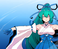 1girl aqua_hair blue_background high_ponytail highres long_hair looking_at_viewer magia_azure magical_girl mahou_shoujo_ni_akogarete mengnaidu minakami_sayo outstretched_arms ponytail solo spread_arms straight-on