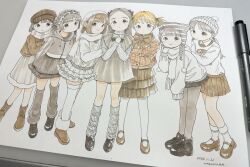 Rule 34 | 6+girls, ankle socks, art tools in frame, artist name, loose socks, blunt bangs, boots, bow, bowtie, braid, brown footwear, brown hair, brown pantyhose, closed mouth, dated, dot mouth, dot nose, drawing (object), dress, dutch angle, full body, grey dress, grey eyes, grey hair, hat, highres, kneehighs, leaning forward, long hair, looking at viewer, multiple girls, nagomurasan, original, pantyhose, pastel (medium), photo (medium), pleated skirt, scarf, shoes, short hair, sidelocks, signature, simple background, skirt, sleeveless, sleeveless jacket, sleeves past wrists, smile, socks, traditional media, white background, white pantyhose, white scarf, white socks, winter clothes