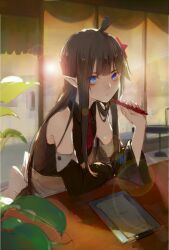 1girl adversarial_noise ahoge alternate_costume aotu_world apron bare_shoulders black_hair black_shirt black_sleeves blue_eyes blunt_bangs blush breasts brown_hair cafe chinese_commentary closed_mouth collared_shirt detached_sleeves feixuxu hair_ornament hand_up highres holding holding_pen indoors kaili_(aotu_world) lens_flare long_hair long_sleeves looking_at_viewer medium_breasts menu necktie pen plant pointy_ears red_necktie shirt sidelocks sitting sketch sleeveless sleeveless_shirt solo star_(symbol) star_hair_ornament table upper_body very_long_hair waist_apron white_apron wide_sleeves