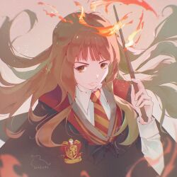 Rule 34 | 1girl, absurdres, brown eyes, brown hair, collared shirt, gensou getsumen rt, harry potter (series), hermione granger, highres, hogwarts school uniform, holding, holding wand, long hair, necktie, school uniform, shirt, solo, wand, white shirt, wizarding world
