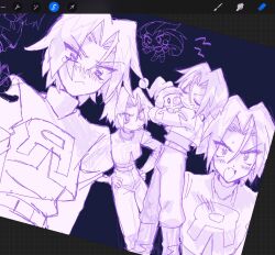 1boy ameya_(okemu_ame) angry blush chibi closed_eyes doodles embarrassed gen_4_pokemon highres hug james_(pokemon) jessie_(pokemon) male_focus mime_jr. nintendo pokemon pokemon_(anime) sketch sweatdrop team_rocket team_rocket_uniform tears
