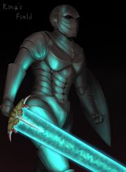 1boy absurdres armor black_background breastplate commentary_request copyright_name cowboy_shot full_armor gauntlets glowing glowing_sword glowing_weapon harunoha helmet highres holding holding_shield holding_sword holding_weapon king&#039;s_field king&#039;s_field_iv leg_armor looking_at_viewer male_focus moonlight_greatsword pauldrons prince_devian_rosberg red_eyes shield shoulder_armor solo sword weapon