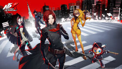 2boys 2girls animal arai_motoha artist_request axe belt belt_buckle bird black_gloves black_hair black_hat black_jacket black_scarf bow_(weapon) brown_belt buckle building commentary_request crossbow dagger domino_mask gloves hat highres holding holding_dagger holding_knife holding_umbrella holding_weapon hood hood_up jacket kanou_shun knife long_hair long_sleeves lufel_(p5x) mask multiple_boys multiple_girls official_art oil-paper_umbrella owl persona persona_5 persona_5:_the_phantom_x red_eyes red_hair red_mask scarf short_hair tanemura_riko third-party_source umbrella weapon white_mask wonder_(p5x)