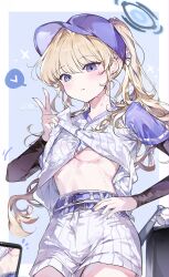 Rule 34 | 0202ase, 1girl, absurdres, baseball cap, blonde hair, blue archive, blue eyes, blue halo, blush, border, breasts, clothes lift, commentary, cowboy shot, earrings, halo, hat, highres, jewelry, lifting own clothes, looking at viewer, medium breasts, outside border, ponytail, shirt, shirt lift, shorts, solo, stud earrings, symbol-only commentary, toki (blue archive), underboob, white border, white shirt, white shorts