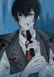 Rule 34 | 1boy, black coat, black eyes, black hair, black vest, blood, blood on clothes, blood on face, blood on hands, coat, collared shirt, gun, gun to head, holding, holding gun, holding weapon, jugiii12, lcb uniform (project moon), limbus company, long sleeves, lowres, male focus, necktie, open mouth, project moon, red necktie, shirt, short hair, simple background, solo, vest, weapon, white shirt, yi sang (project moon)