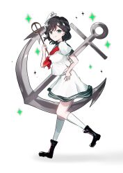 anchor black_hair black_shoes full_body green_eyes hat highres holding holding_ladle ladle midriff_peek mini_hat mitsusame murasa_minamitsu neckerchief red_neckerchief shirt shoes short_hair skirt socks sparkle touhou white_background white_hat white_shirt white_skirt white_socks