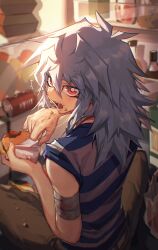 1boy absurdres bakura_ryou bandaged_arm bandages burger cola eating food food_on_face grey_hair highres injury long_hair looking_back male_focus red_eyes refrigerator shirt solo striped_clothes striped_shirt xiao_(creation0528) yu-gi-oh! yu-gi-oh!_duel_monsters