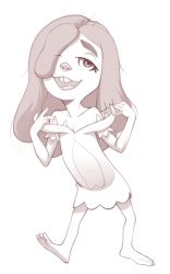 1girl barefoot buck_teeth cavewoman collarbone conoghi dawn_of_the_croods dreamworks dress hair_over_one_eye half-closed_eyes lerk_crood long_hair looking_at_viewer monochrome off_shoulder open_mouth short_sleeves smile standing teeth the_croods tribal