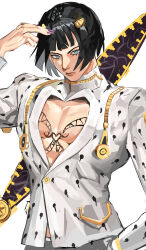 13u_jjba00p 1boy absurdres bare_pectorals black_hair blue_eyes bob_cut bruno_bucciarati chest_tattoo formal_clothes highres jojo_no_kimyou_na_bouken long_sleeves pectorals short_hair solo suit tattoo white_suit zipper zipper_pull_tab