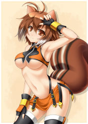 Rule 34 | 1girl, animal ears, antenna hair, blazblue, blush, breasts, brown eyes, brown hair, female focus, fingerless gloves, gloves, looking at viewer, makoto nanaya, navel, revealing clothes, roura, short hair, skirt, smile, solo, squirrel ears, squirrel tail, tail, thighhighs, underboob