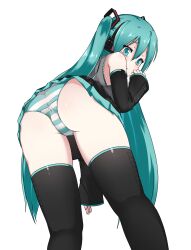 1girl aqua_eyes aqua_hair ass boots detached_sleeves hatsune_miku headset highres long_hair looking_back nanju_bami panties pantyshot simple_background skirt solo striped_clothes striped_panties thigh_boots thighhighs thighs twintails underwear very_long_hair vocaloid white_background