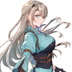 1girl achan_(blue_semi) aqua_eyes aqua_shirt arm_belt belt black_bustier black_garter_straps black_gloves black_shorts braid breasts brown_hair chinese_commentary closed_mouth collared_shirt crown_braid earrings eiyuu_densetsu elaine_auclair expressionless from_side garter_straps gloves high_heels jewelry kai_no_kiseki kuro_no_kiseki_(series) long_hair looking_at_viewer medium_breasts profile shirt shorts simple_background single_glove solo standing sword upper_body weapon white_background wing_collar