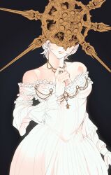 1boy bare_shoulders black_background dark_souls_(series) dark_souls_i dark_sun_gwyndolin dress gold_headwear grey_hair hand_up highres long_sleeves male_focus off_shoulder short_hair simple_background solo spiked_helmet teeth white_dress zunkome