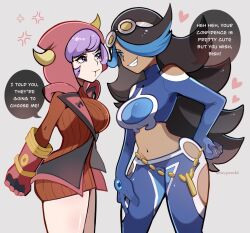 2girls anger_vein artist_name bare_shoulders black_hair blue_eyes blue_hair breasts clothing_cutout courtney_(pokemon) crop_top dark-skinned_female dark_skin dress fake_horns gloves goggles goggles_on_head grin hair_over_one_eye hand_on_own_hip heart highres hood horned_hood horns jacket large_breasts long_hair long_sleeves midriff multicolored_hair multiple_girls navel nintendo pantyhose pokemon pokemon_oras pout purple_eyes purple_hair red_sweater ribbed_dress ribbed_sweater shelly_(pokemon) short_hair side_cutout smile speech_bubble streaked_hair sweater team_aqua team_magma thighs touyarokii turtleneck turtleneck_sweater wide_hips