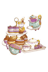 cake commentary_request cup flower food gen_8_pokemon highres macaron mozuku_1313 nintendo no_humans pokemon pokemon_(creature) pokemon_focus polteageist purple_flower sinistea teacup teapot tiered_tray tray white_background white_eyes yellow_eyes