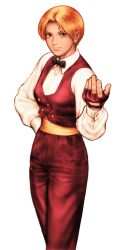 1girl adjusting_collar beckoning black_bow black_bowtie blonde_hair bow bowtie capcom_vs_snk collared_shirt cuff_links dress_shirt earrings game_cg hand_on_own_hip highres jewelry king_(snk) long_sleeves mori_toshiaki non-web_source official_art pants ryuuko_no_ken sash shirt short_hair simple_background smile solo vest white_background white_shirt yellow_sash