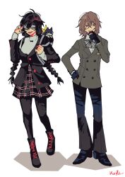 Rule 34 | 2girls, absurdres, adjusting eyewear, alternate costume, amamiya ren, androgynous, black gloves, black pantyhose, braid, buttons, character request, double-breasted, full body, genderswap, genderswap (mtf), gloves, highres, joker (persona 5), kx0e, lapels, long hair, medium hair, morgana (persona 5), multiple girls, notched lapels, pantyhose, persona, persona 5, plaid clothes, plaid skirt, shadow, signature, skirt, twin braids, white background
